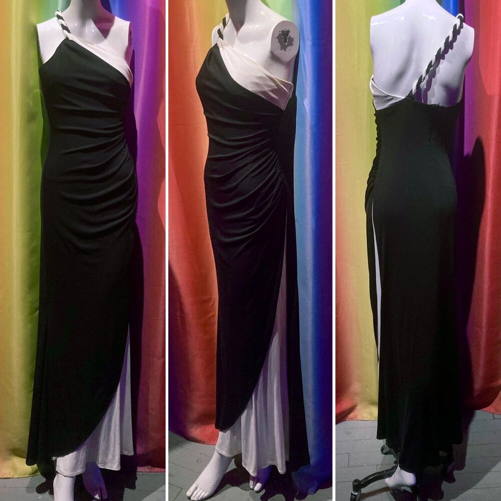 Vtg Y2K asymmetric one shoulder prom evening maxi gown black white Art Deco XS S